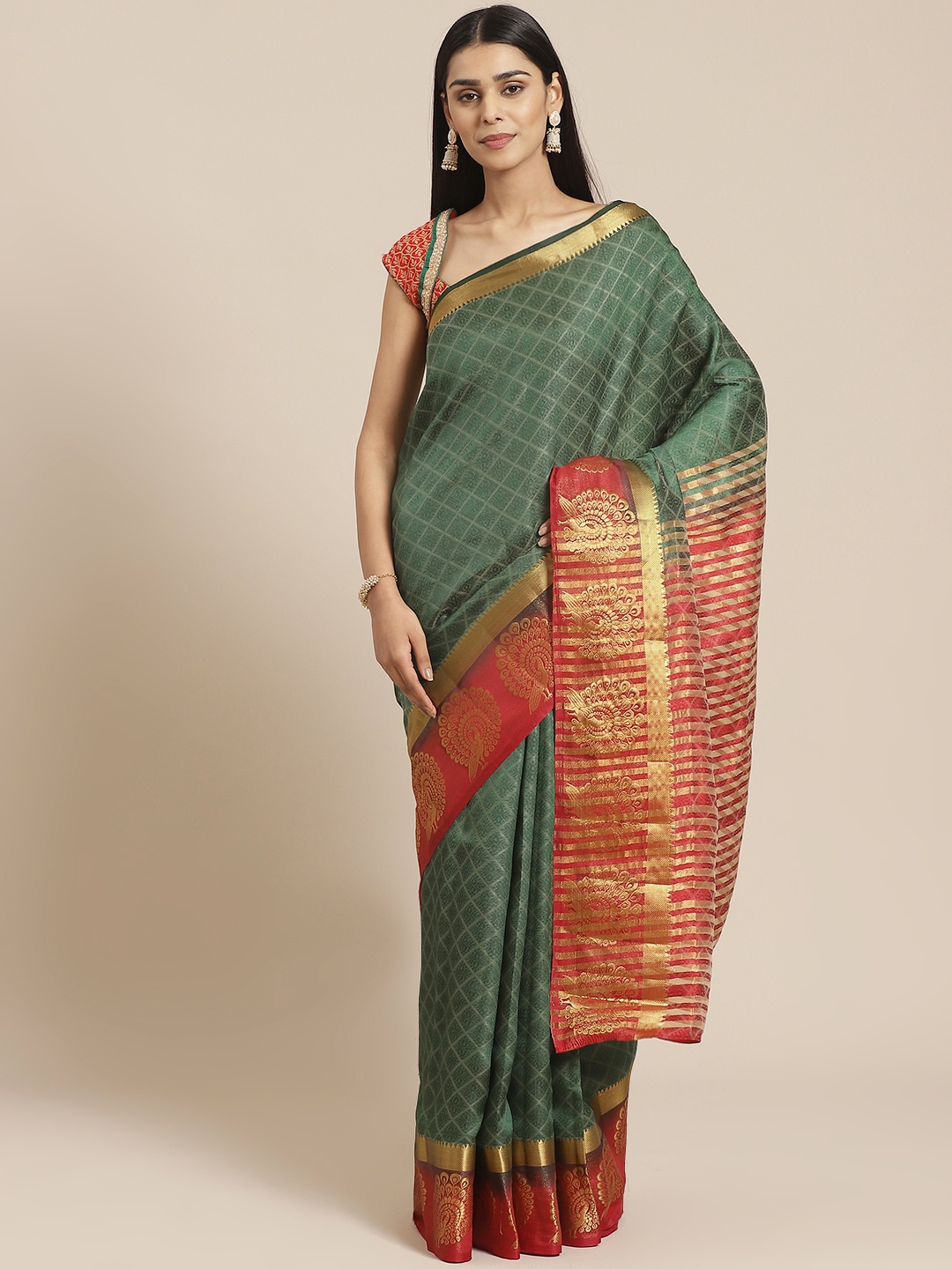 

Chhabra 555 Green & Golden Handloom Checked Banarasi Saree