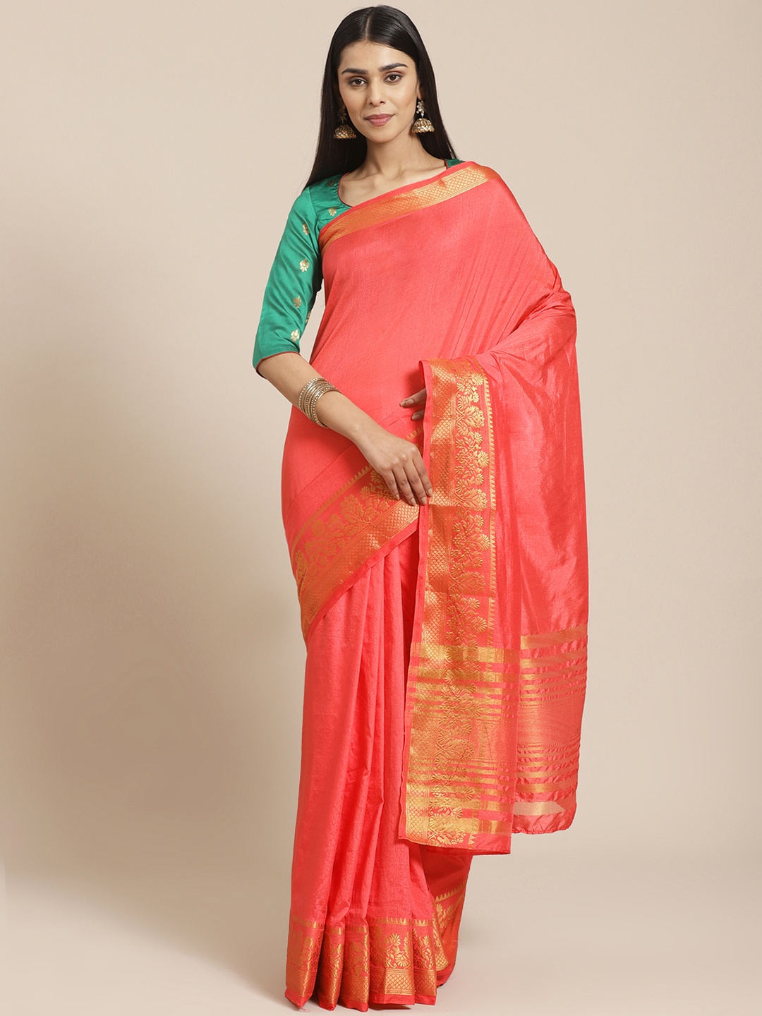 

Chhabra 555 Coral Red Handloom Solid Banarasi Saree