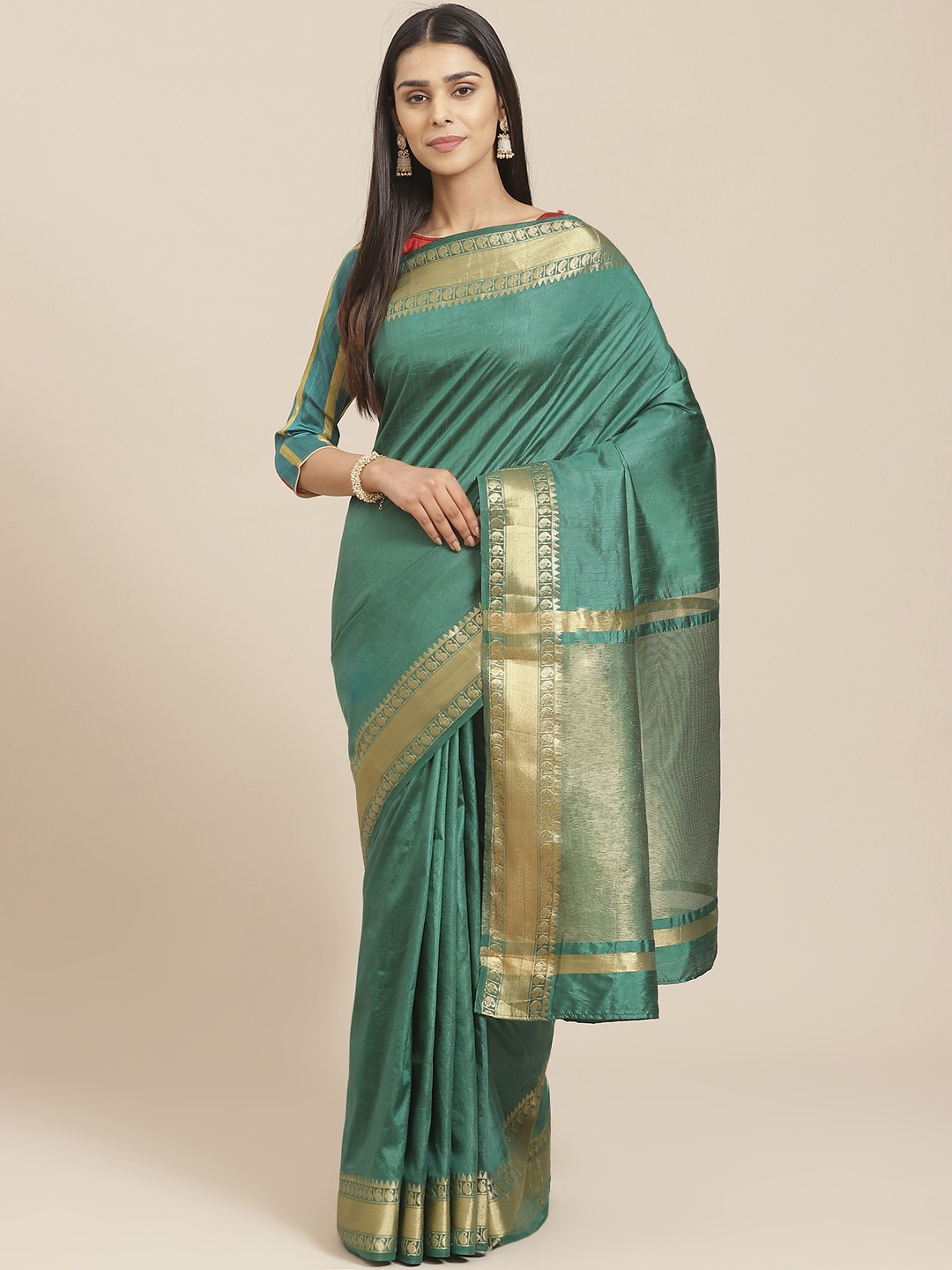 

Chhabra 555 Green Handloom Zari Solid Mysore Silk Saree