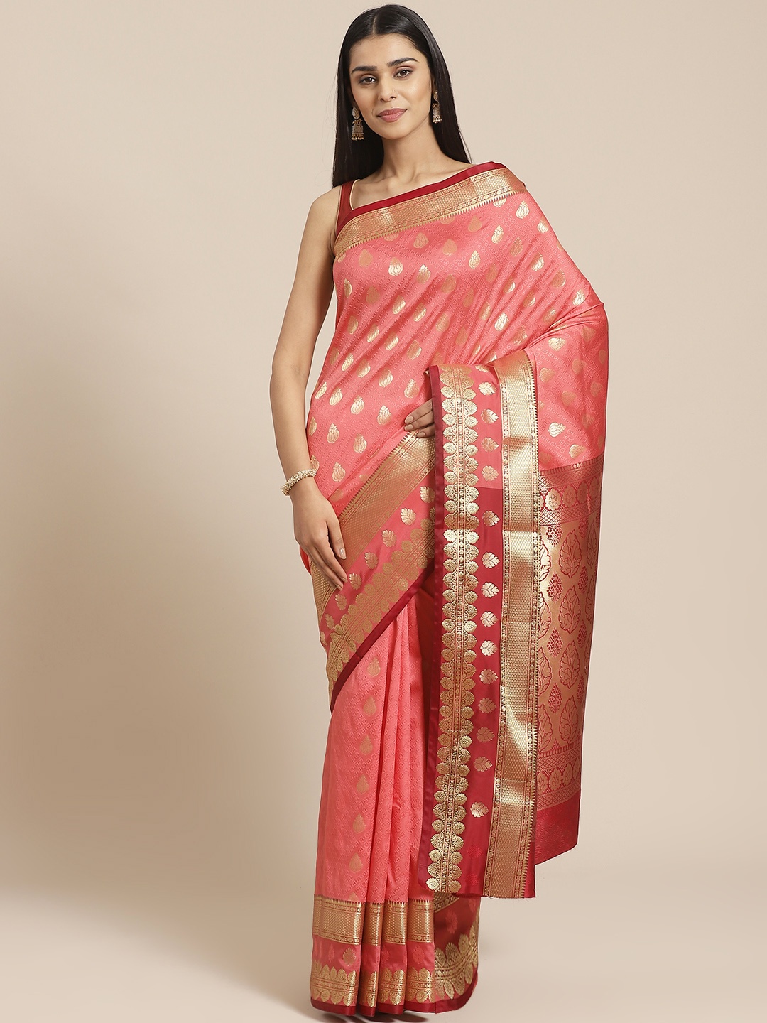 

Chhabra 555 Pink & Golden Handloom Zari Woven Design Jacquard Banarasi Saree