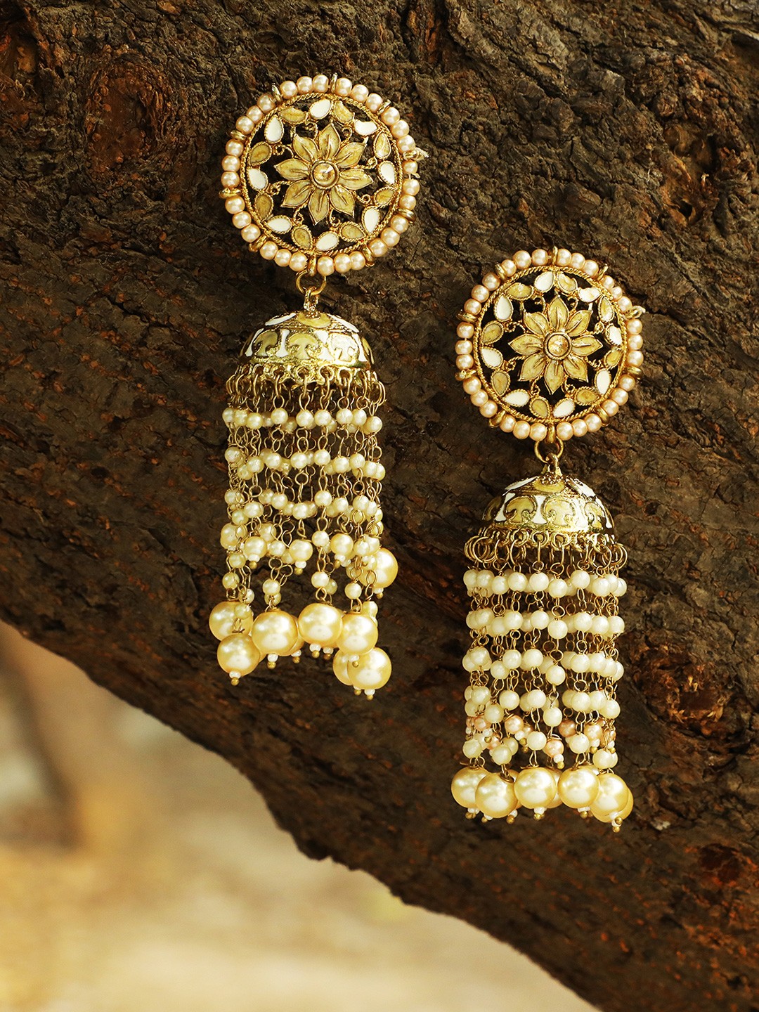

Adwitiya Collection Gold-Plated & Off-White Enamelled Handcrafted Contemporary Jhumkas