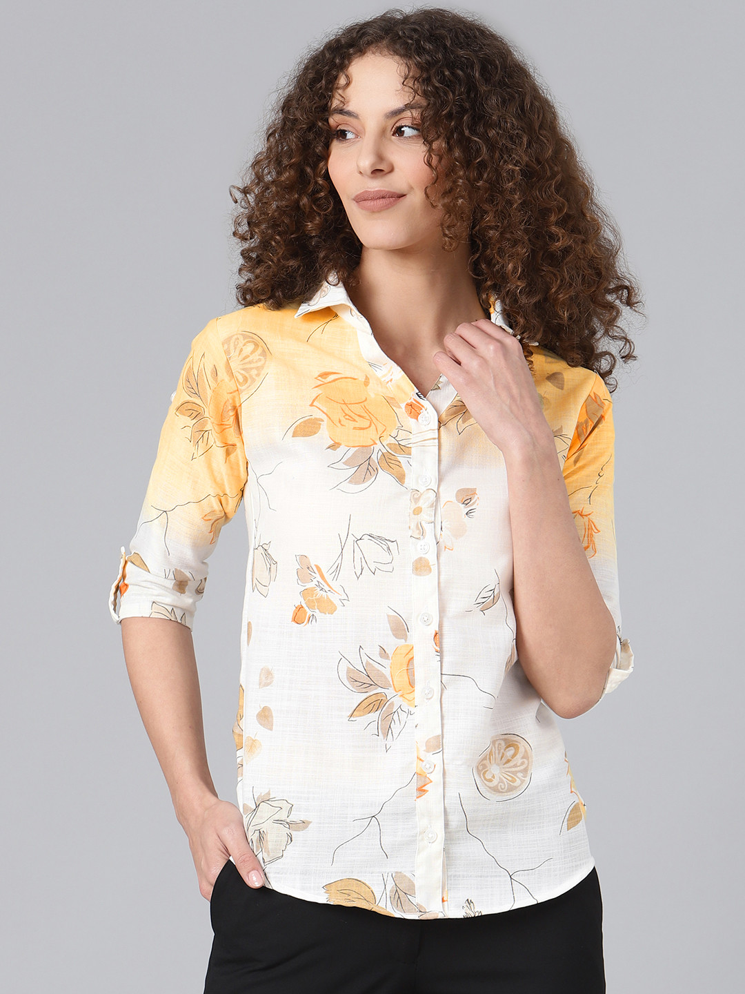 

Shaftesbury London Women White & Mustard Yellow Cotton Smart Slim Fit Floral Casual Shirt
