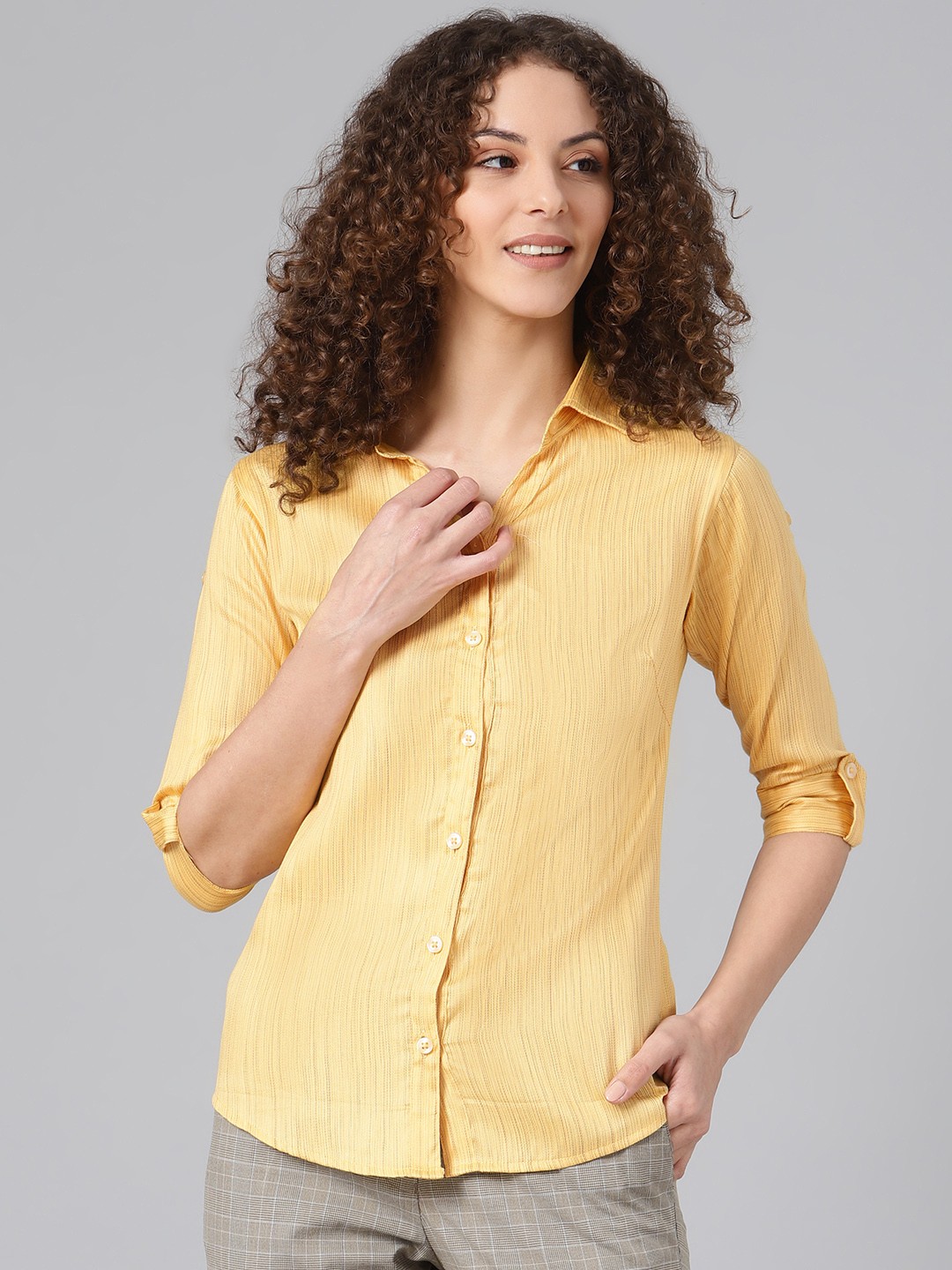 

Shaftesbury London Women Yellow Smart Slim Fit Self-Striped Pure Cotton Semiformal Shirt