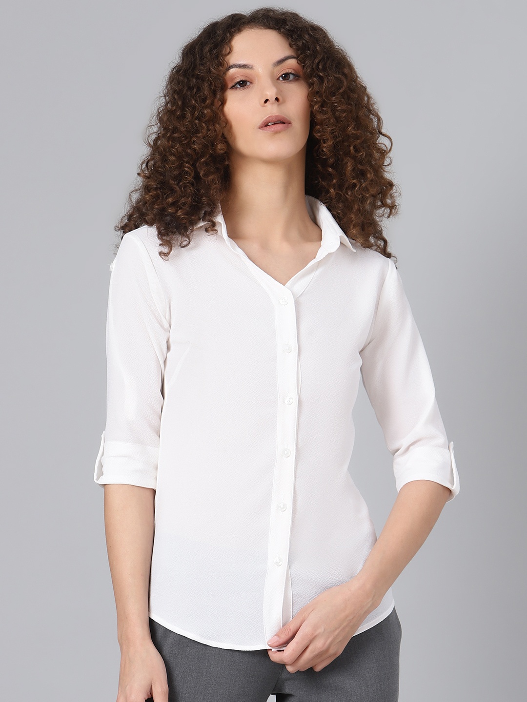 

Shaftesbury London Women White Smart Slim Fit Textured Pure Cotton Casual Shirt