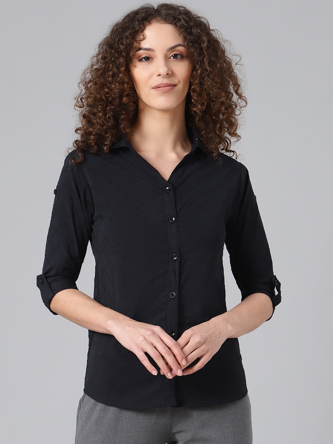 

Shaftesbury London Women Navy Blue Cotton Smart Slim Fit Self-Checked Casual Shirt