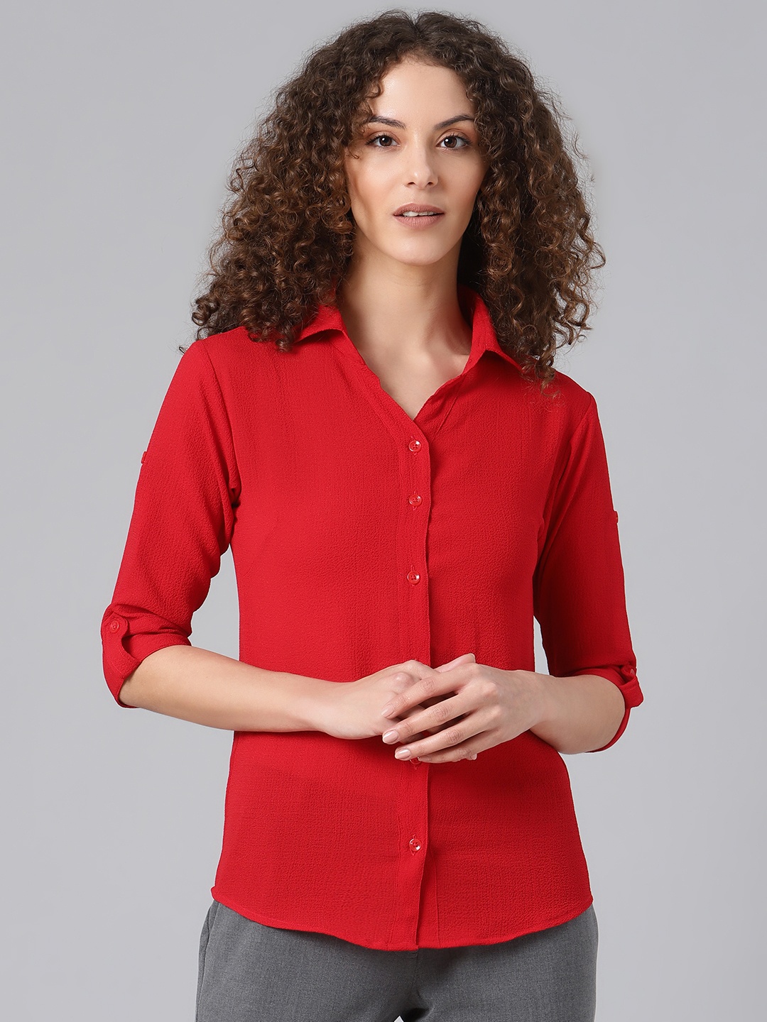 

Shaftesbury London Women Red Smart Slim Fit Textured Casual Shirt