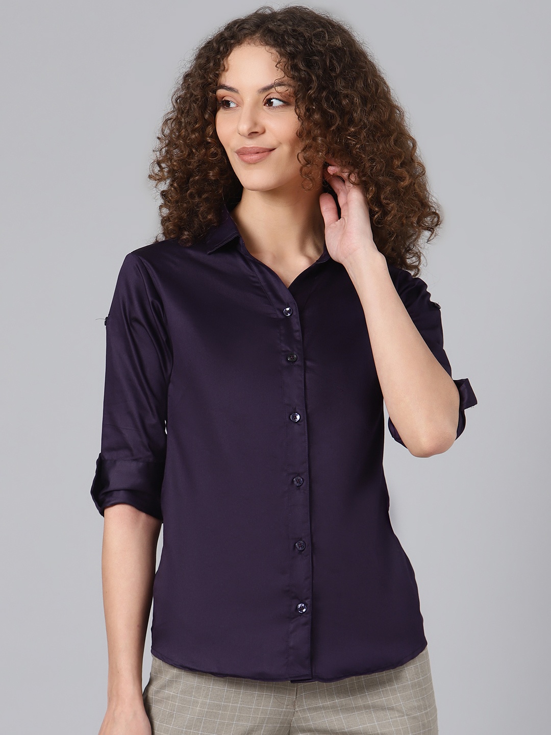 

Shaftesbury London Women Aubergine Smart Slim Fit Solid Pure Cotton Semiformal Shirt, Purple