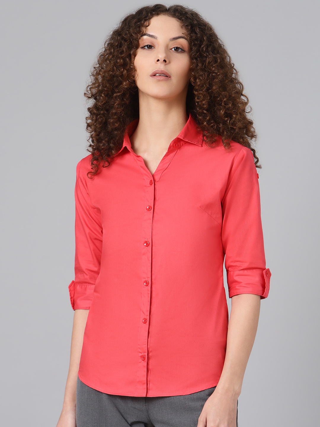 

Shaftesbury London Women Coral Red Smart Slim Fit Solid Pure Cotton Semiformal Shirt