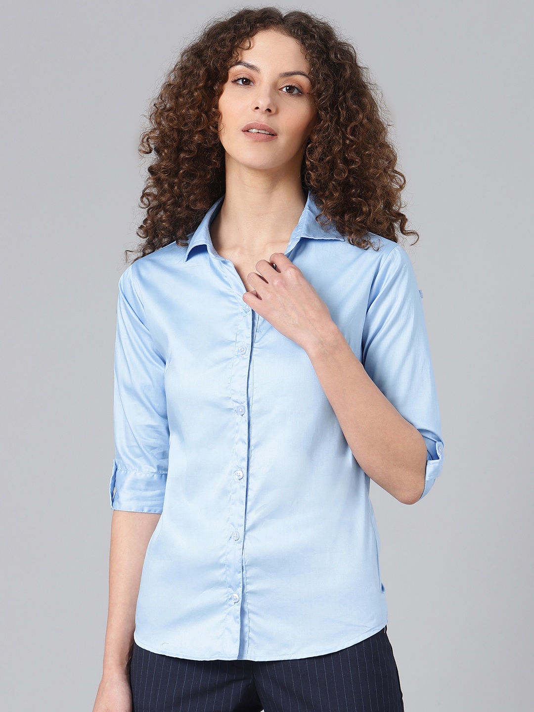 

Shaftesbury London Women Blue Cotton Smart Slim Fit Solid Casual Shirt