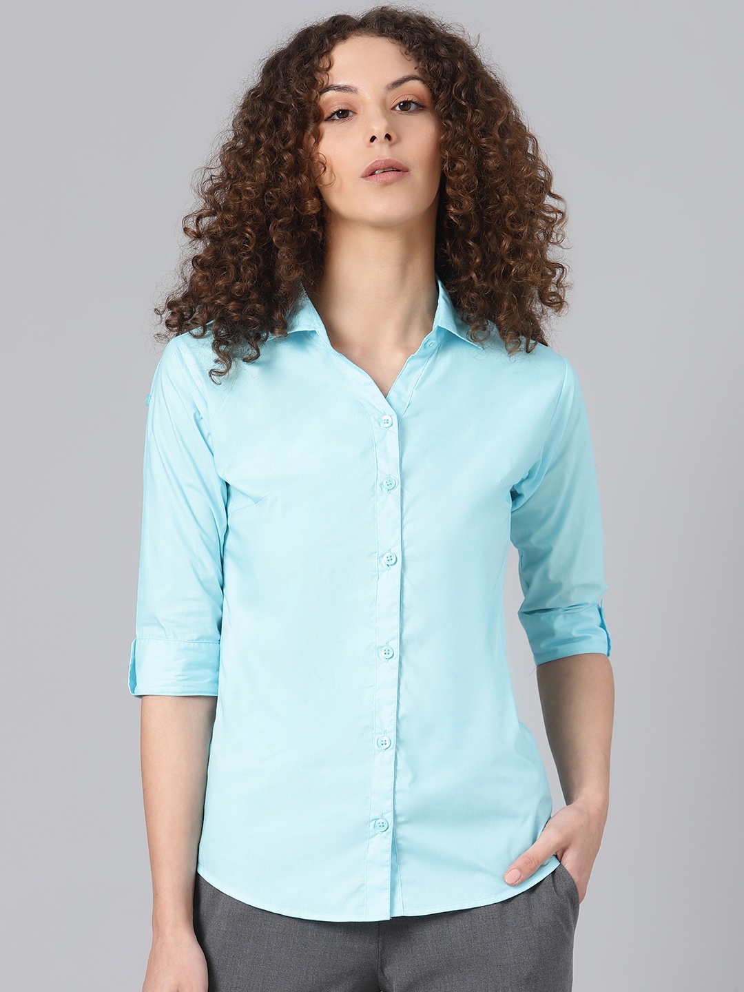 

Shaftesbury London Women Blue Smart Slim Fit Solid Pure Cotton Semiformal Shirt