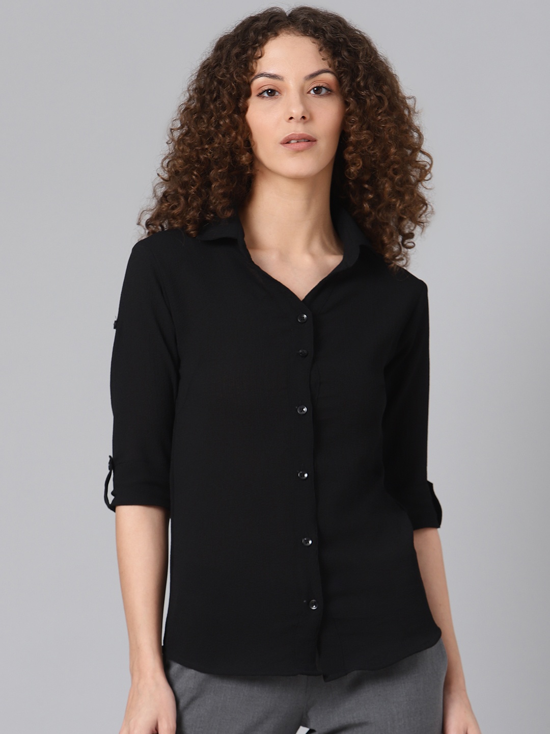 

Shaftesbury London Women Black Smart Slim Fit Textured Pure Cotton Semiformal Shirt