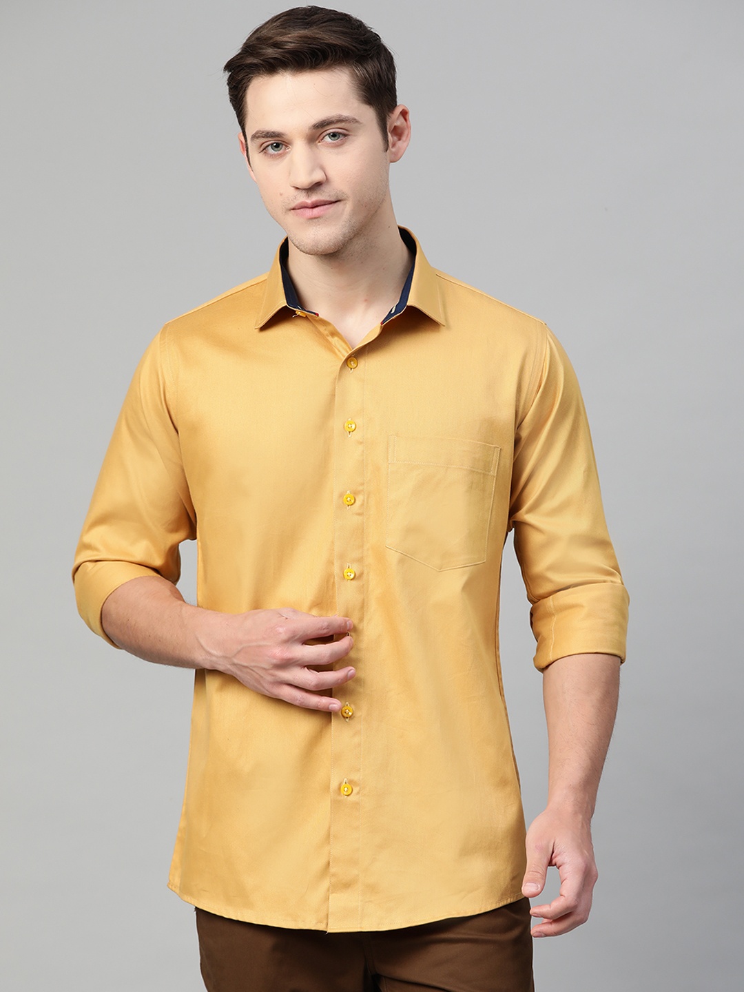 

Shaftesbury London Men Mustard Yellow Smart Slim Fit Solid Semiformal Shirt