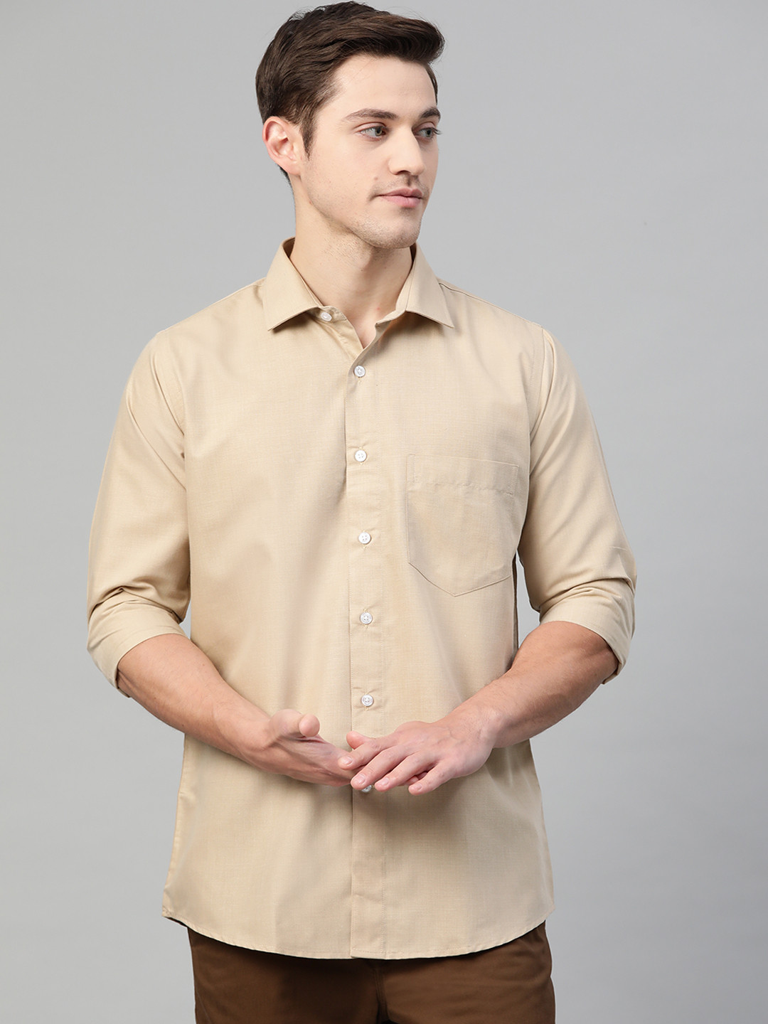 

Shaftesbury London Men Beige Smart Slim Fit Solid Semiformal Shirt