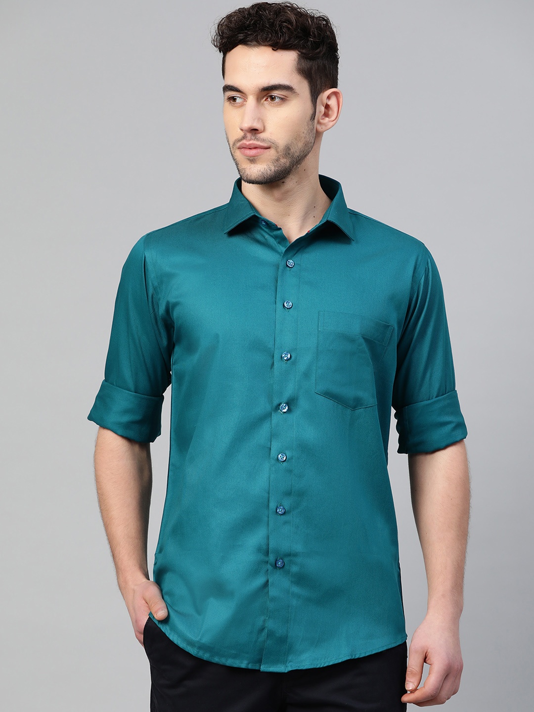 

Shaftesbury London Men Teal Blue Cotton Smart Slim Fit Solid Casual Shirt