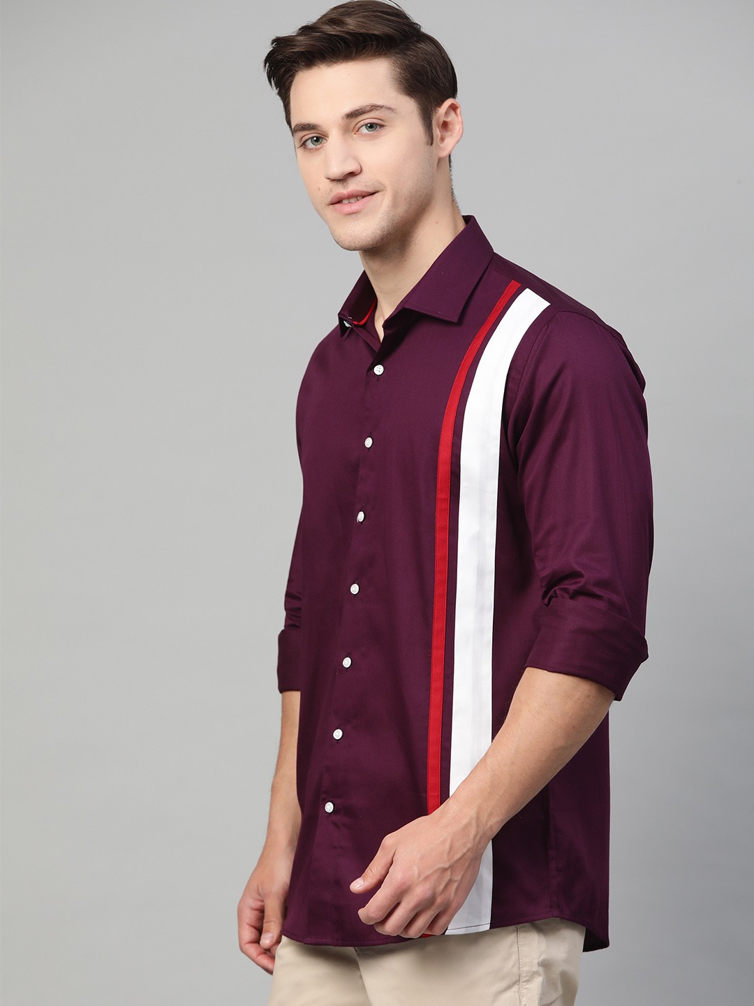 

Shaftesbury London Men Purple & White Smart Slim Fit Striped Pure Cotton Casual Shirt