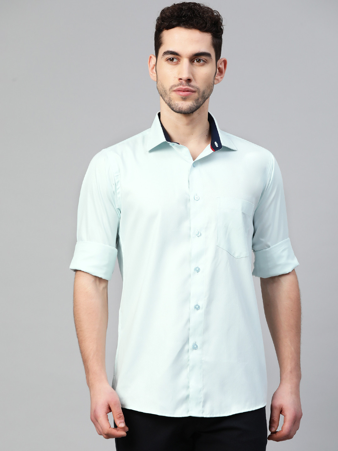 

Shaftesbury London Men Blue Smart Slim Fit Self Design Pure Cotton Smart Casual Shirt