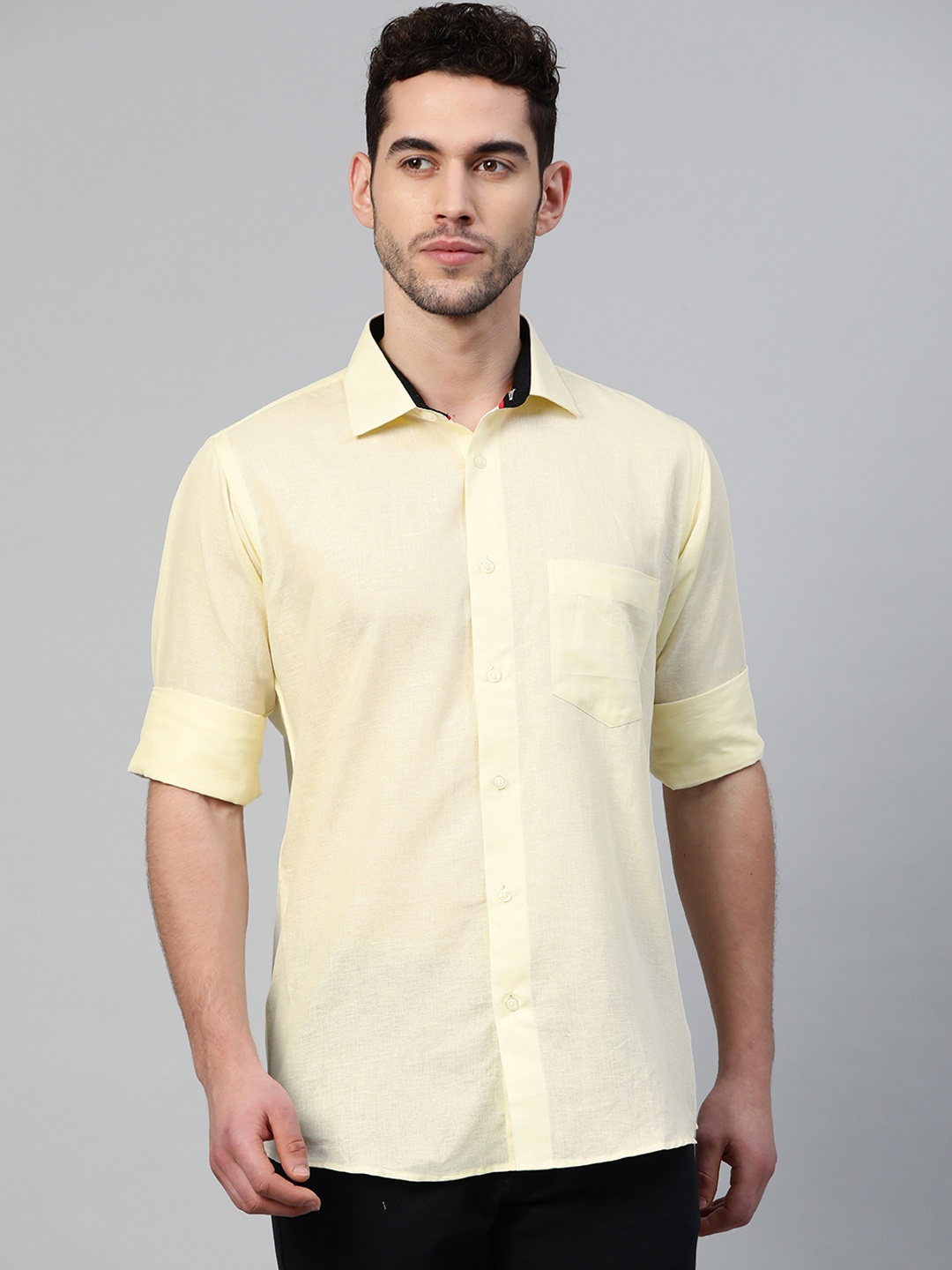 

Shaftesbury London Men Yellow Smart Slim Fit Solid Pure Cotton Smart Casual Shirt