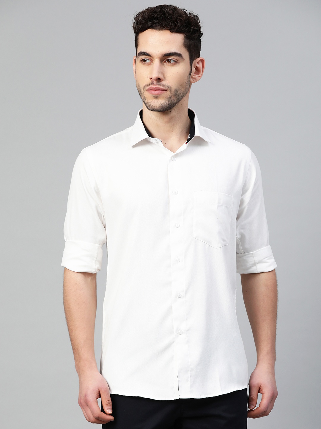 

Shaftesbury London Men White Cotton Smart Slim Fit Self Design Casual Shirt