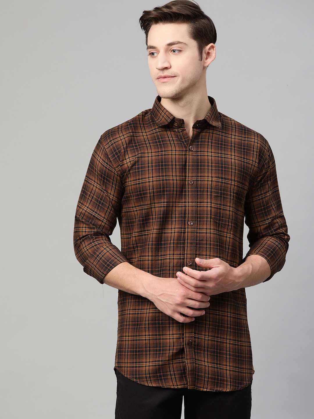

Shaftesbury London Men Brown & Black Smart Slim Fit Checked Pure Cotton Casual Shirt