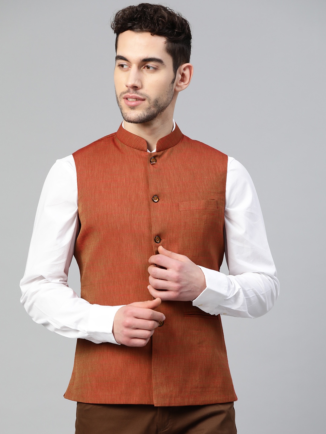 

Shaftesbury London Men Brown & Red Solid Dual Toned Nehru Jacket