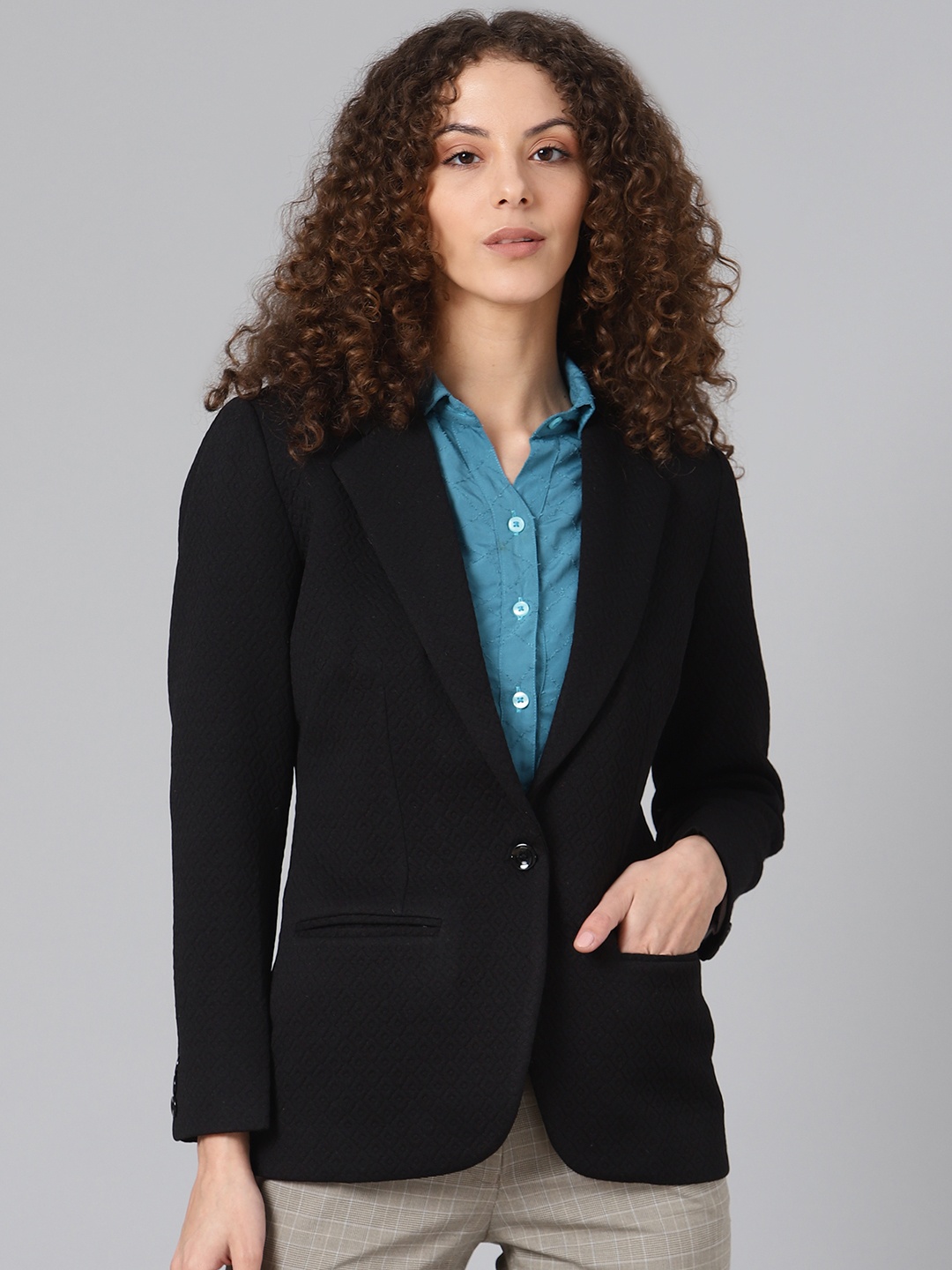 

Shaftesbury London Women Black Self-Design Formal Blazer