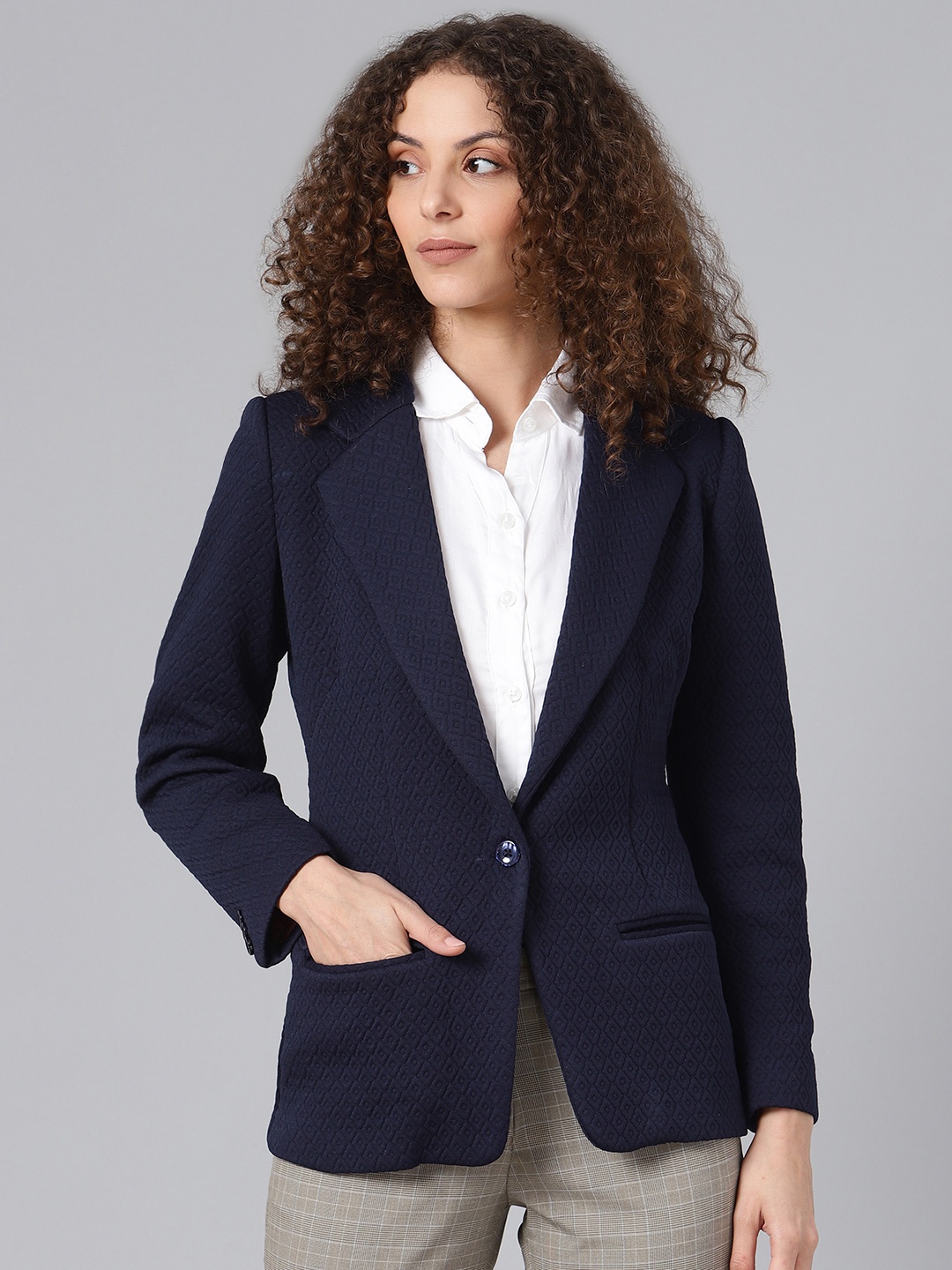 

Shaftesbury London Women Navy Blue Self-Design Formal Blazer