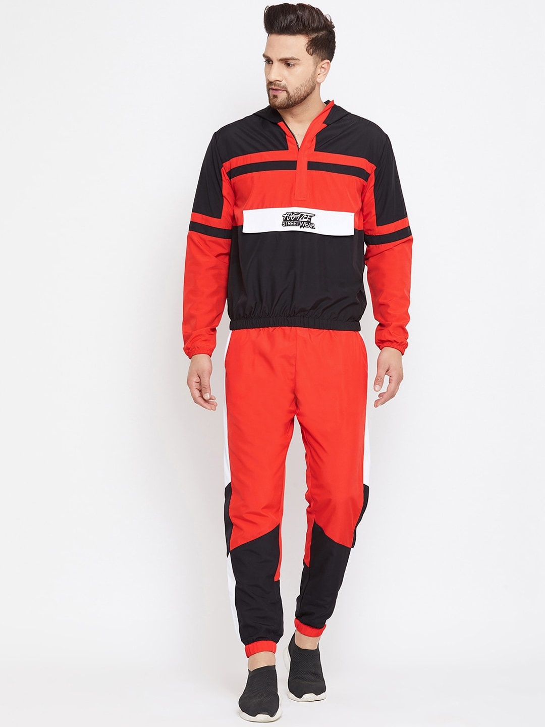 

FUGAZEE Men Red & Black Colourblocked Slim-Fit Tracksuit