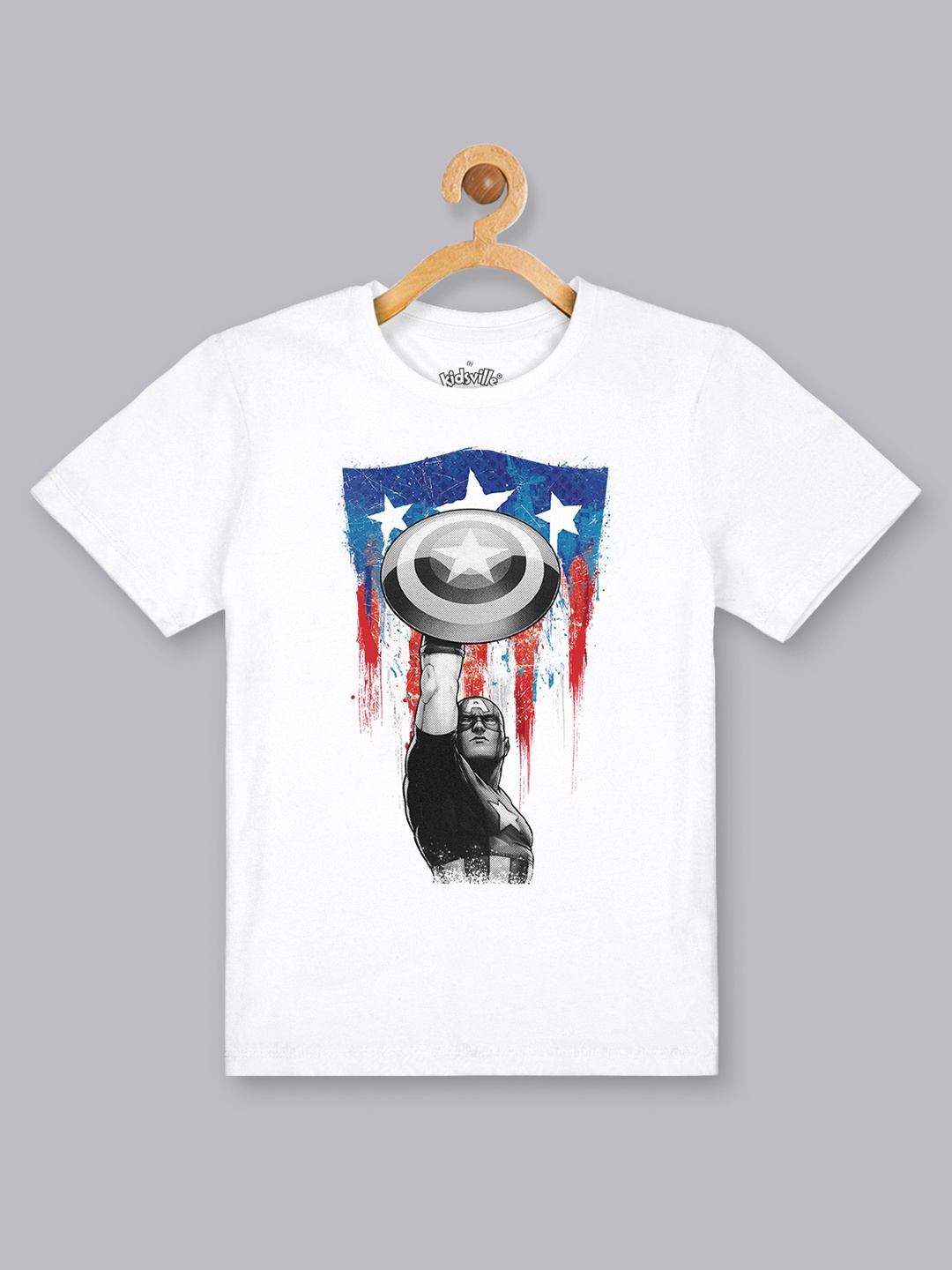 

Kids Ville Boys White Captain America Printed Round Neck Cotton Pure Cotton T-shirt