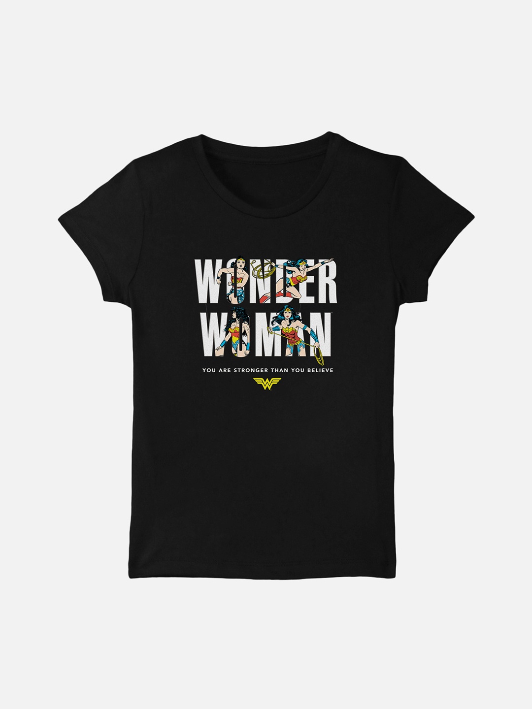 

Kids Ville Girls Black Wonder Woman Printed Round Neck Pure Cotton T-shirt