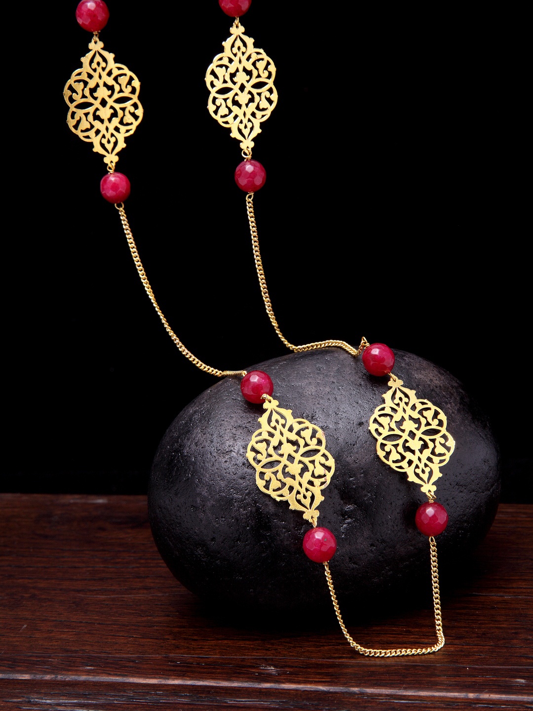 

PANASH Gold-Plated Red Jade Stone Beaded Handcrafted Necklace