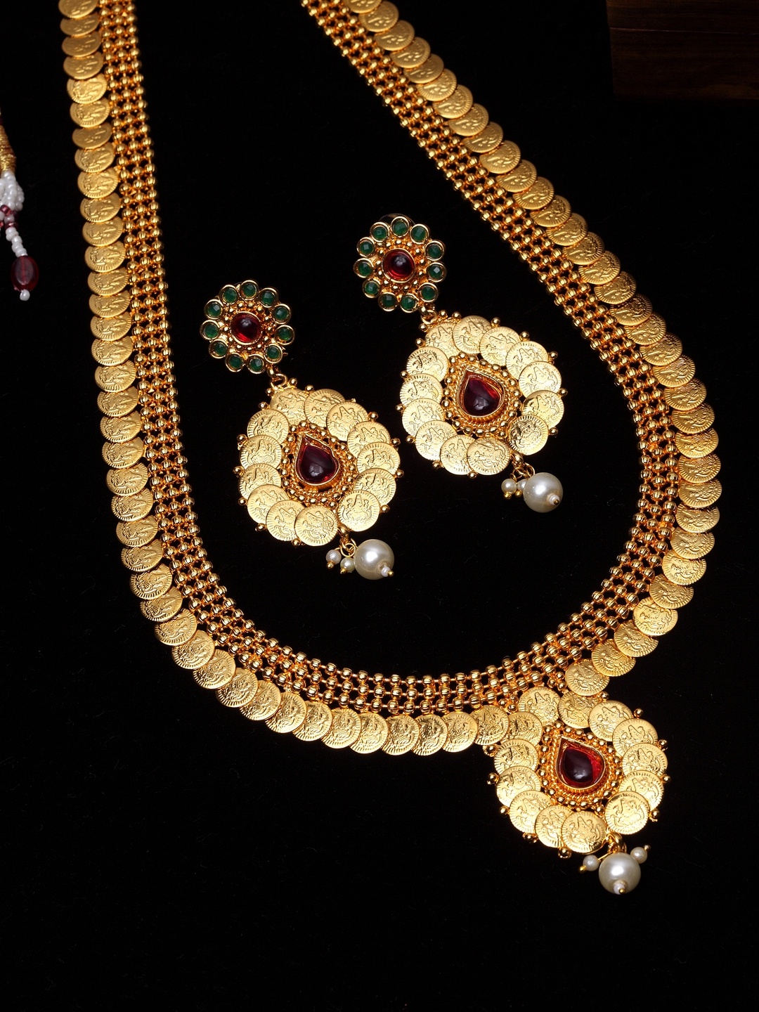 

PANASH Gold-Plated Pink & Green Artificial Stone Studded Handcrafted Temple Jewellery Set