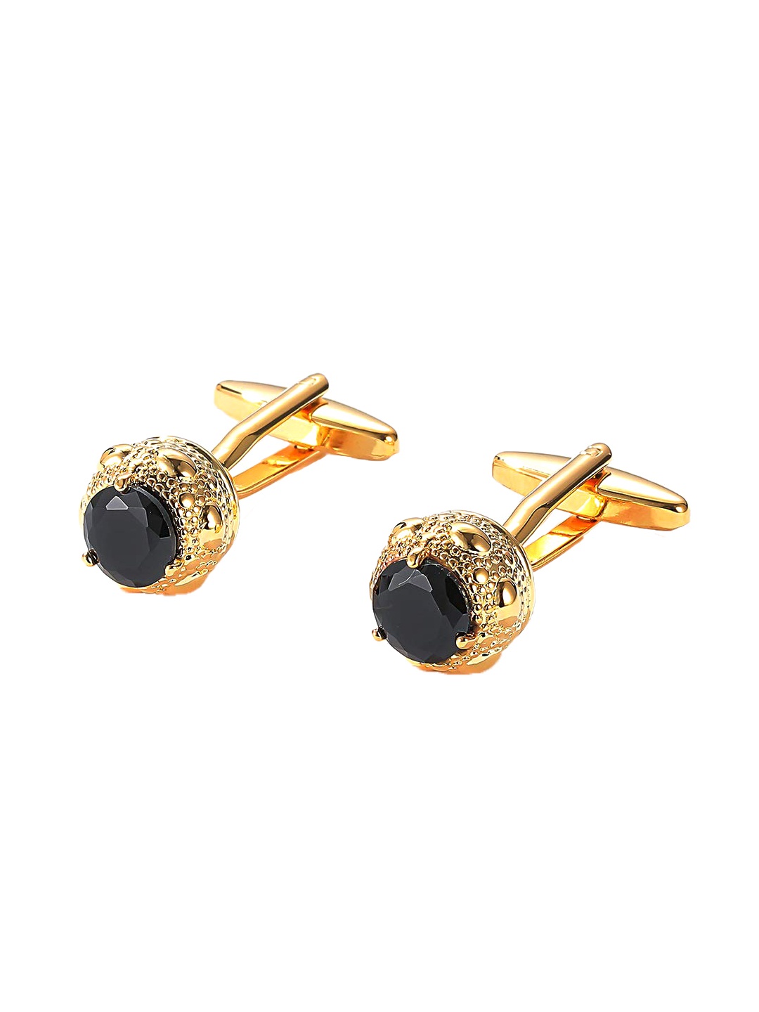 

Yellow Chimes Gold-Plated & Black Crystal Studded Stainless Steel Round Cufflinks