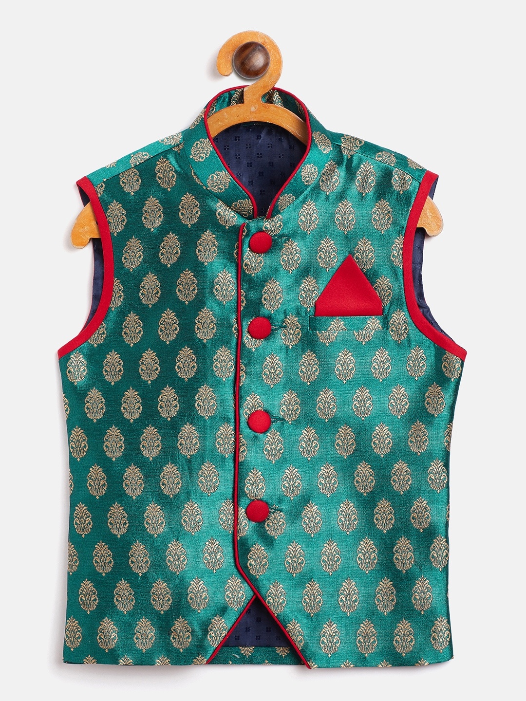 

YK Boys Green & Beige Woven Design Nehru Jacket