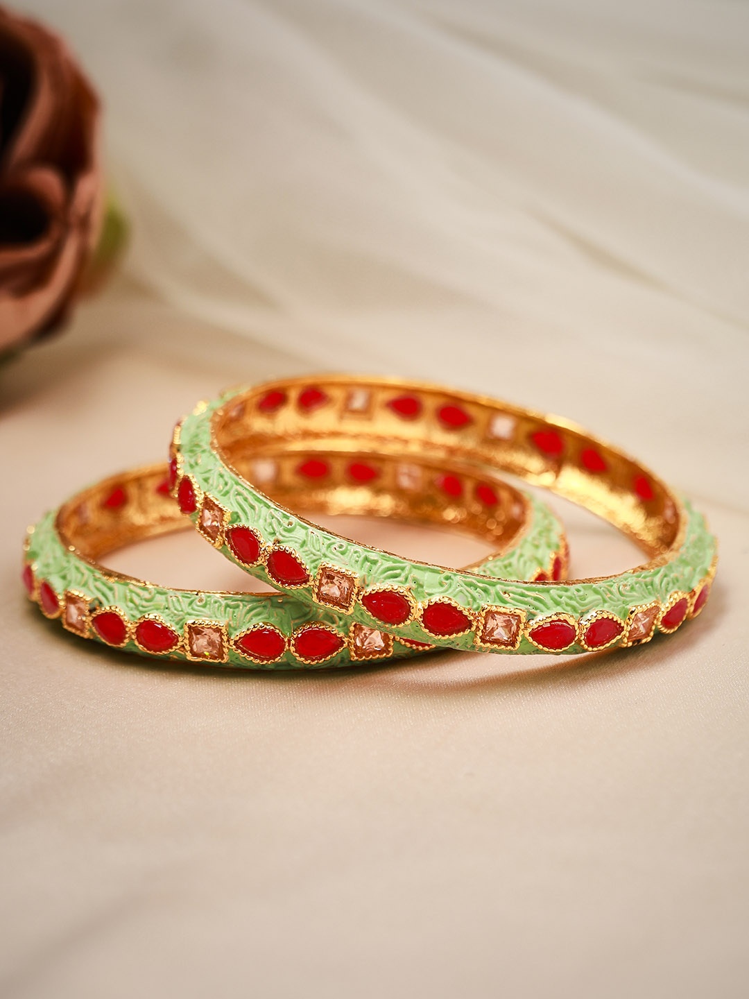 

Rubans Seagreen Ruby Studded Handcrafted Enamelled Detail Bangles, Gold