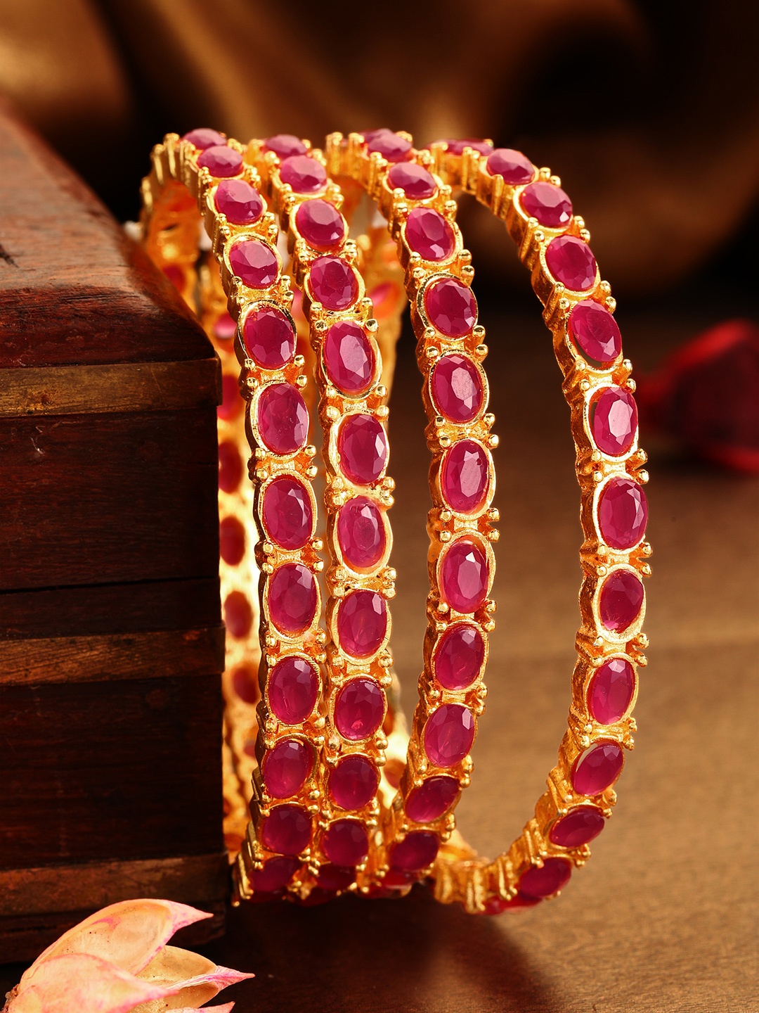 

Rubans Set Of 4 24K Gold-Plated Pink Stone Studded Handcrafted Bangles