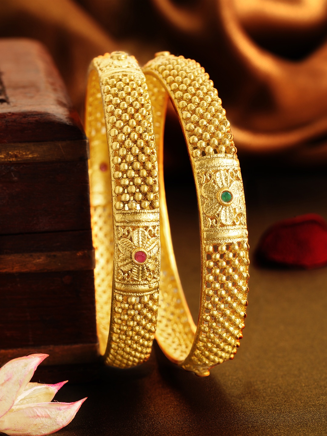 

Rubans Set Of 2 24K Gold-Plated & Pink Stone-Studded Handcrafted Bangles