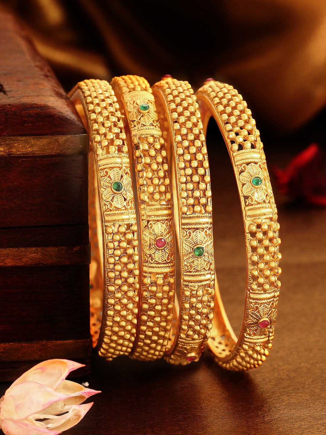 

Rubans Set Of 4 24K Gold-Plated Pink & Green Stone Studded Handcrafted Bangles