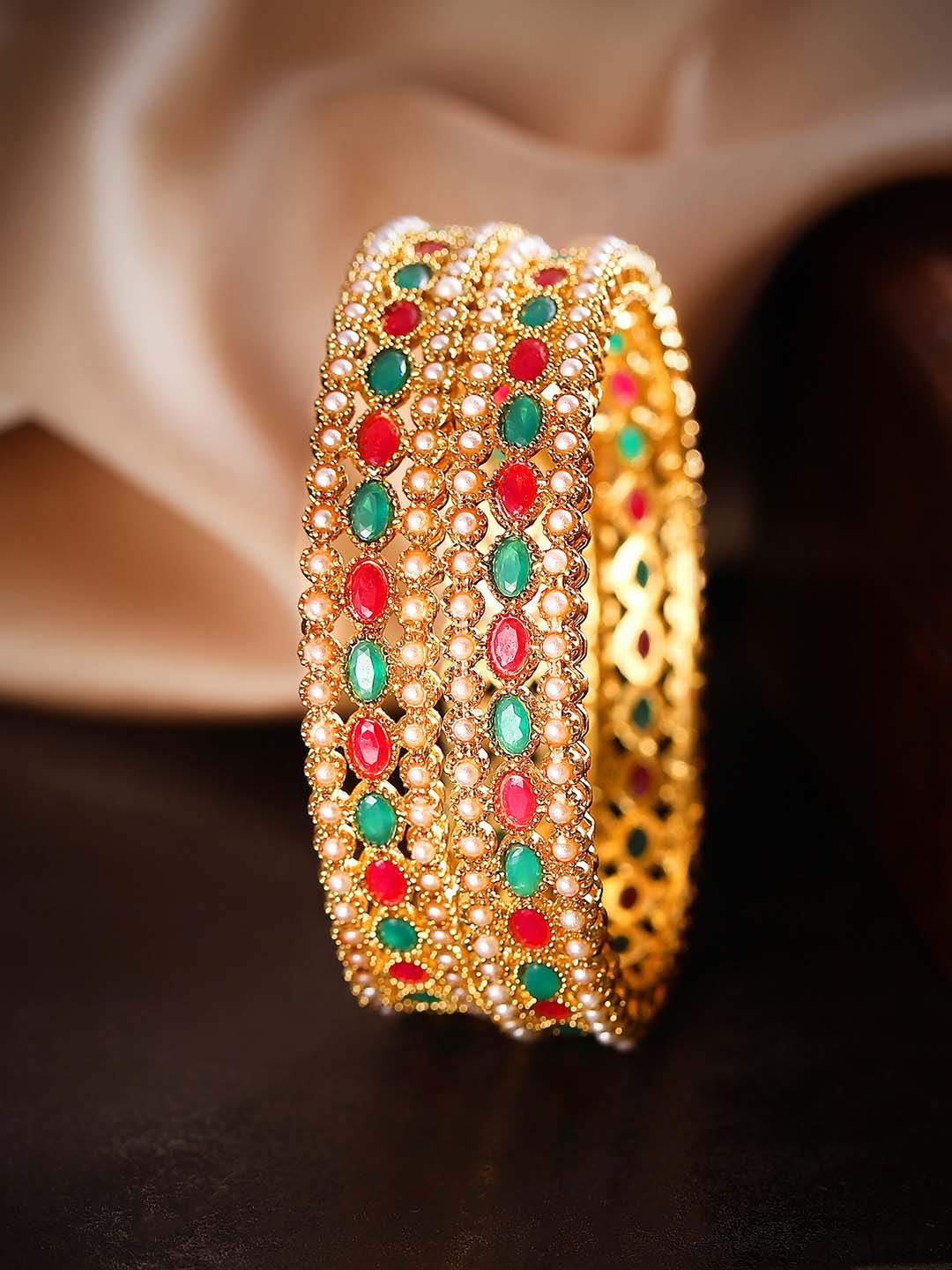

Rubans Set Of 2 24K Gold-Plated & Red Stone-Studded Handcrafted Bangles