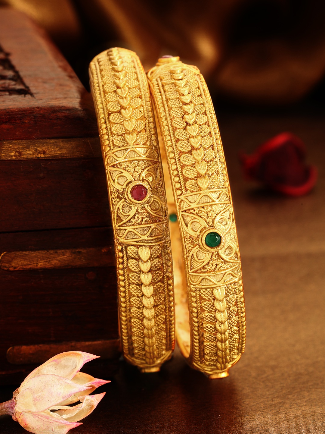 

Rubans Set Of 2 24K Gold-Plated & Red Stone-Studded Handcrafted Bangles
