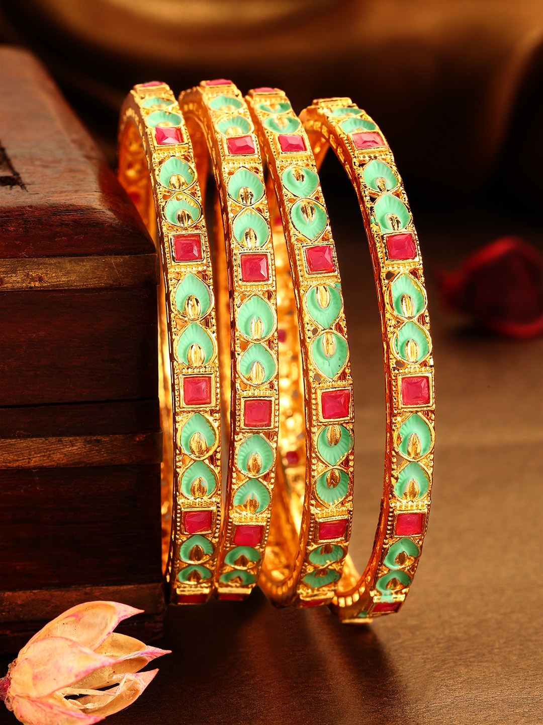 

Rubans Set Of 4 24K Gold-Plated Enameled Stone Studded Handcrafted Bangles