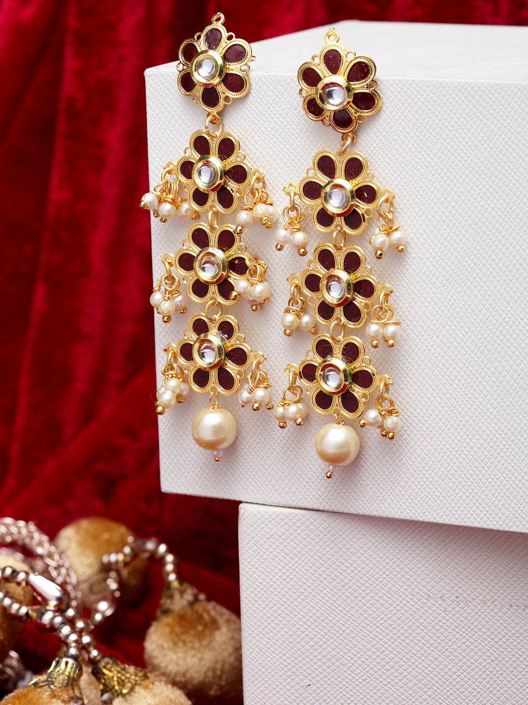 

PANASH Gold-Toned & Maroon Contemporary Drop Earrings