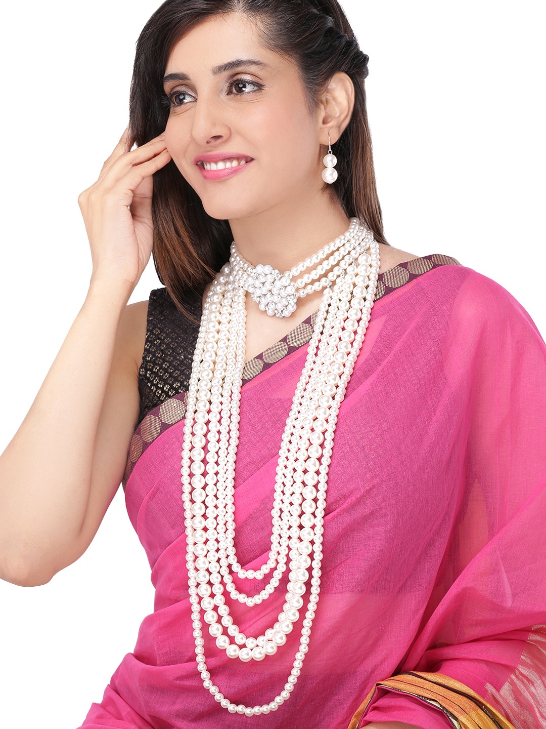 

Yellow Chimes Silver-Toned & White Stone-Studded Pearl Layered Jewellery Set