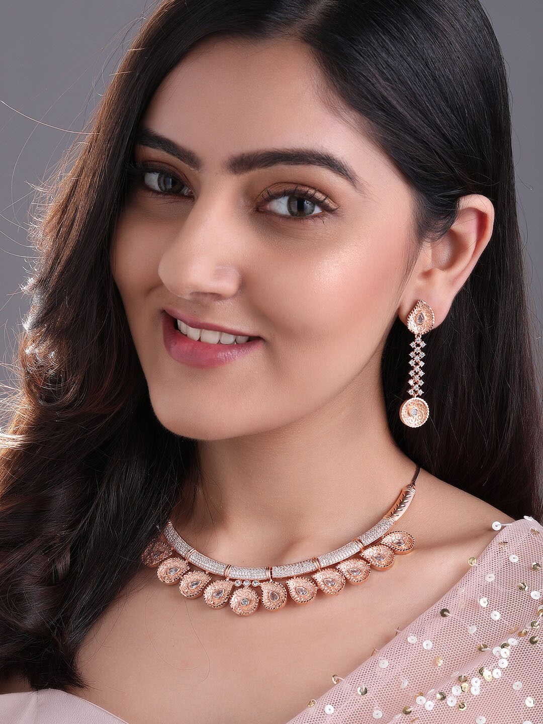 

Rubans Women Rose Gold Plated & White Cubic Zircon Studded Handcrafted Statement Jewellery Set