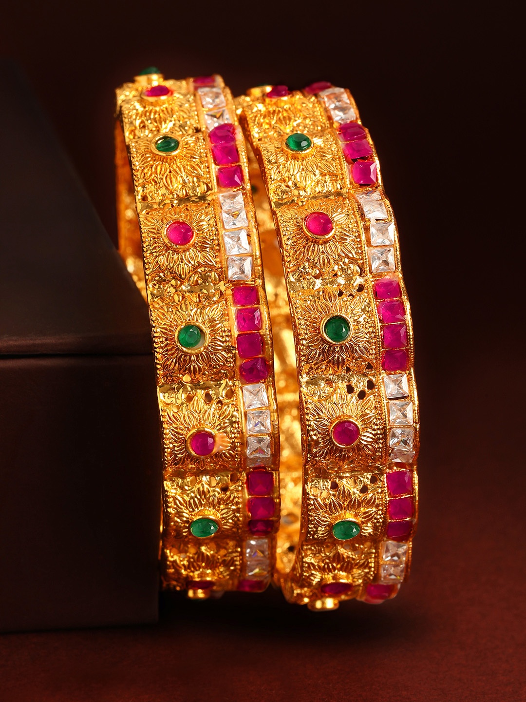 

Rubans Set Of 2 24K Gold-Plated Pink & Green Stone-Studded Handcrafted Bangles
