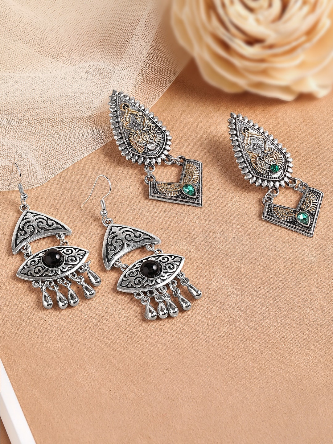 

Rubans Silver-Toned & Black Classic Handcrafted Drop Earrings