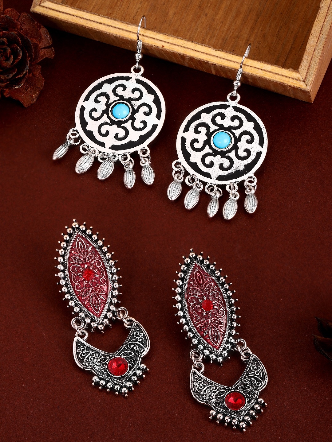 

Rubans Silver-Toned & Red Classic Drop Earrings
