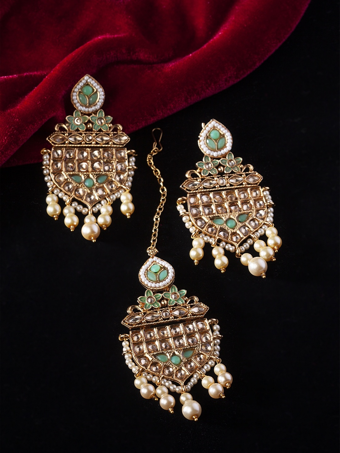 

PANASH Gold-Plated Beige & Green Stone Studded Handcrafted Sustainable Maang Tikka & Earrings Set