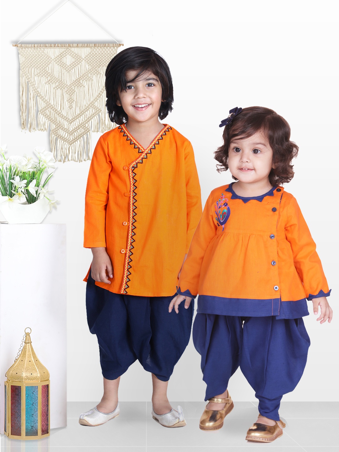 

BownBee Boys Orange & Blue Solid Cotton Angrakha Kurta with Dhoti Pants