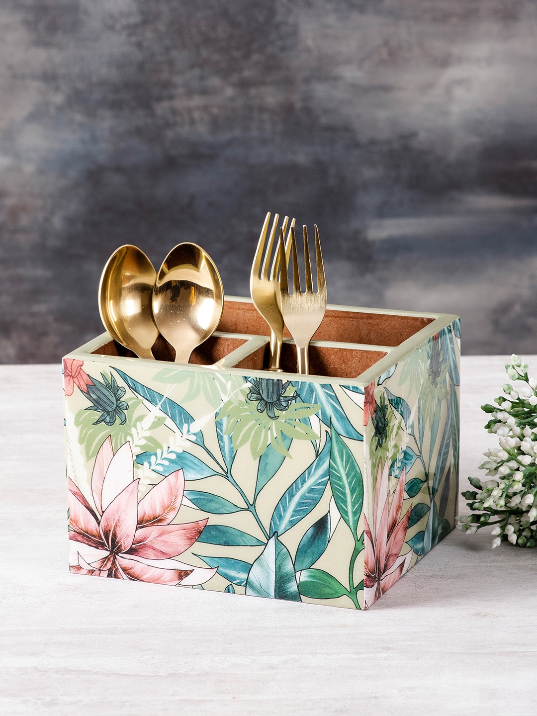 

nestroots Green & Pink Printed Wooden Cutlery Holder