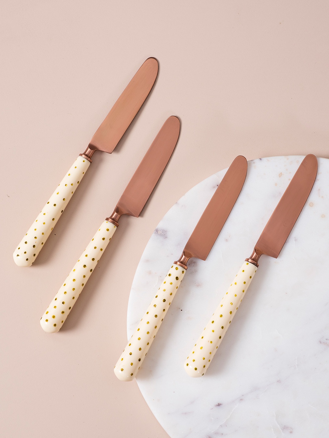 

nestroots Set of 4 Copper-Toned & White Printed Stainless Steel Knife Set
